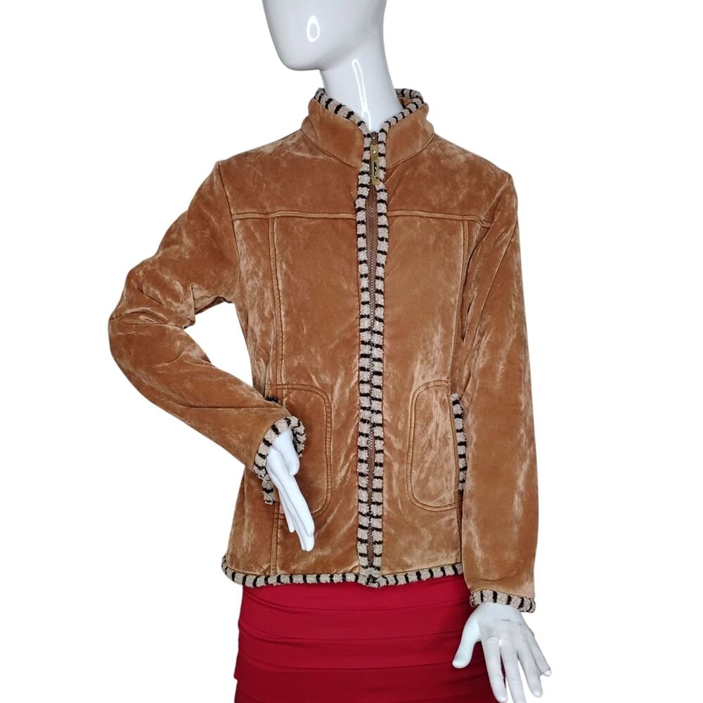 Celina Velour Jacket Front Zipper Tan Front Pockets Full Fleece Lining Size S